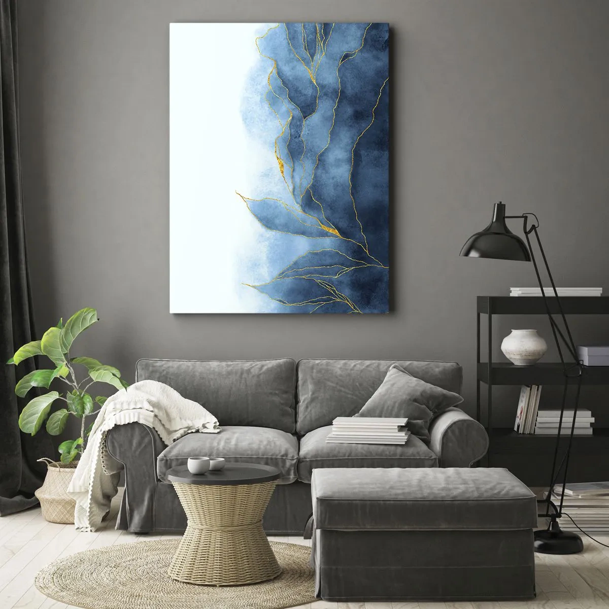 Quadro su tela - Stampe su Tela - Onde astratte nelle tonalità del blu con accenti dorati - 50x70cm - Blu nell'oro - Decorazione murale moderna per soggiorno e camera da letto ARTTOR
