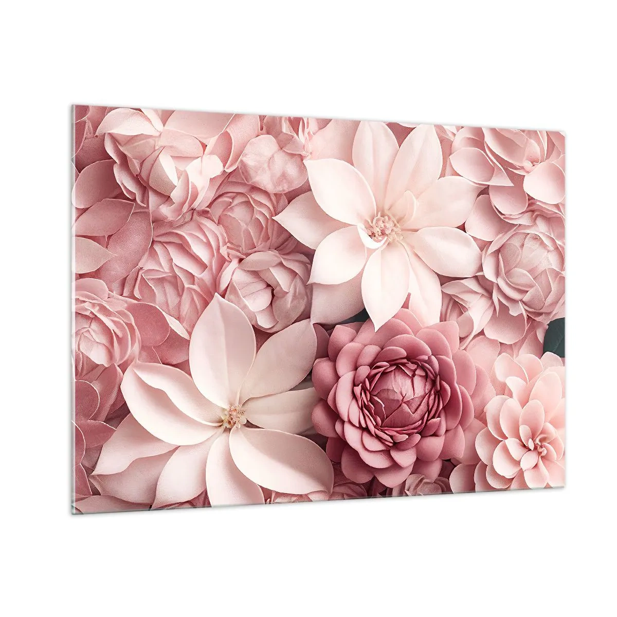 Quadro su vetro - Delicati fiori rosa in una composizione ricca di petali - 100x70cm - Nei petali di rosa - Decorazione murale moderna per soggiorno e camera da letto ARTTOR