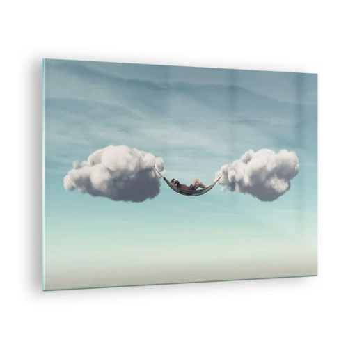 Quadro su vetro - Amache di nuvole in un cielo azzurro - 70x50cm - La felicità del momento - Decorazione murale moderna per soggiorno e camera da letto ARTTOR