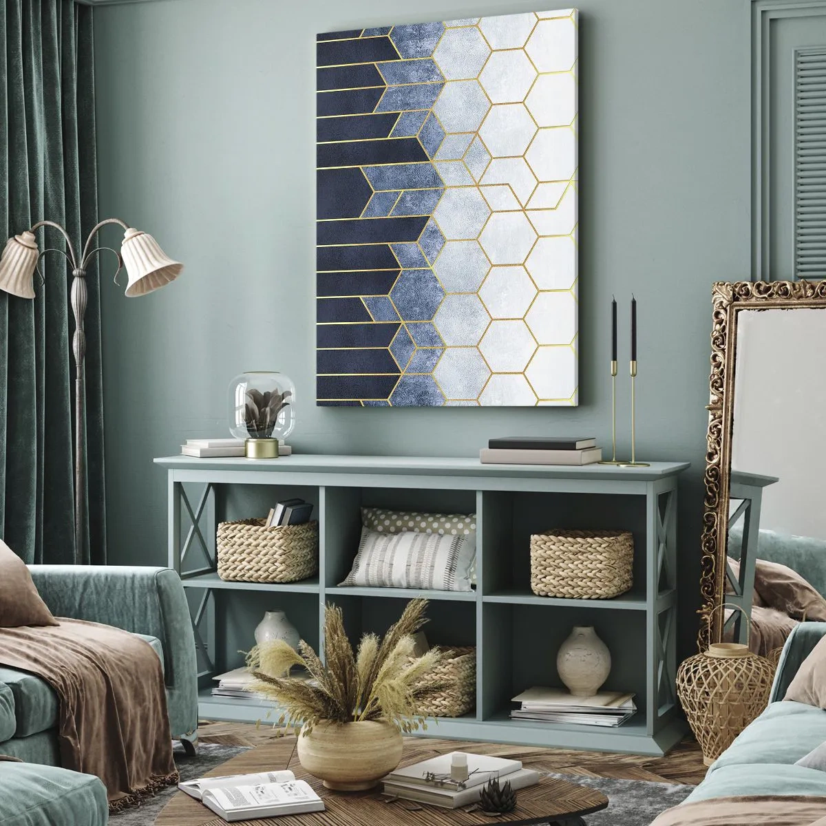 Quadro su tela - Stampe su Tela - Motivo geometrico nei toni dell'oro e del blu navy - 70x100cm - Composizione a ritmo sincopato - Decorazione murale moderna per soggiorno e camera da letto ARTTOR