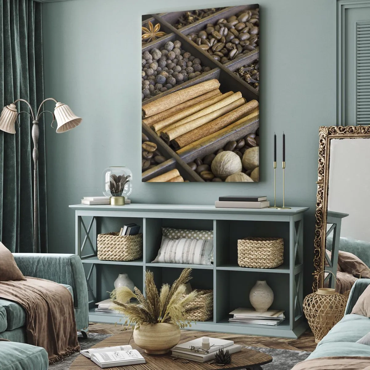 Quadro su tela - Stampe su Tela - Spezie e caffè in scomparti di legno - 70x100cm - Il tesoro degli aromi - Decorazione murale moderna per soggiorno e camera da letto ARTTOR