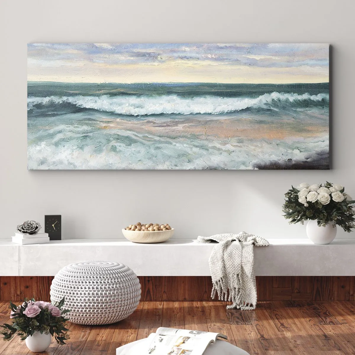 Quadro su tela - Stampe su Tela - Onde del mare contro un cielo nuvoloso al tramonto - 140x50cm - Dove l'anima si calma - Decorazione murale moderna per soggiorno e camera da letto ARTTOR