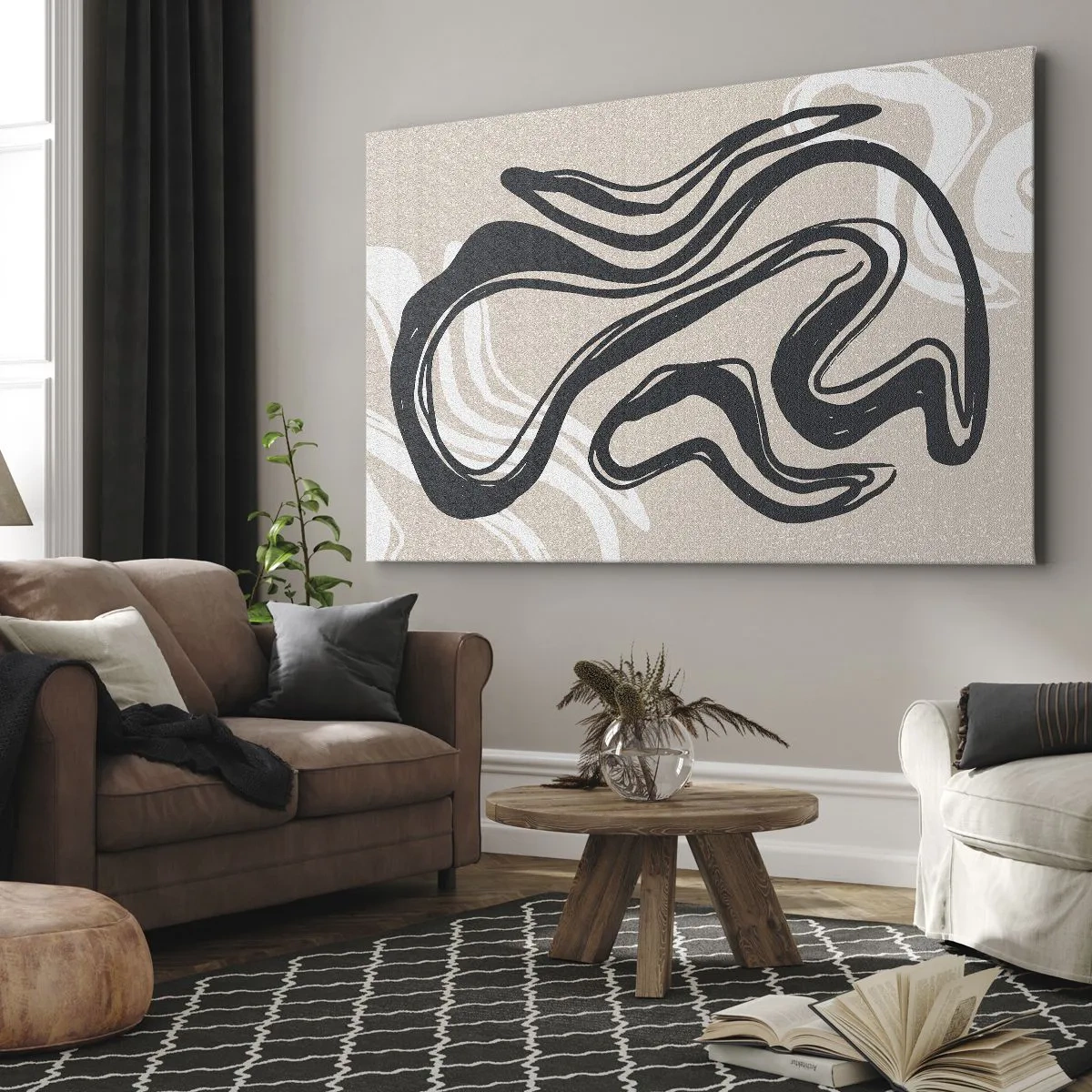 Quadro su tela - Stampe su Tela - Linee astratte in tonalità scure su uno sfondo beige - 70x50cm - Espressione moltiplicata - Decorazione murale moderna per soggiorno e camera da letto ARTTOR