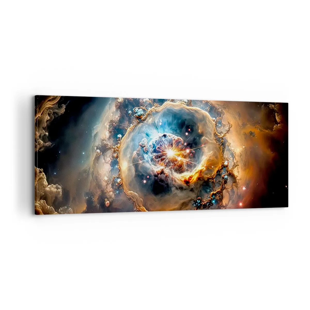 Quadro su tela - Stampe su Tela - Una visione astratta di un'esplosione cosmica nei toni dell'oro e del blu. - 120x50cm - L'inizio - Decorazione murale moderna per soggiorno e camera da letto ARTTOR