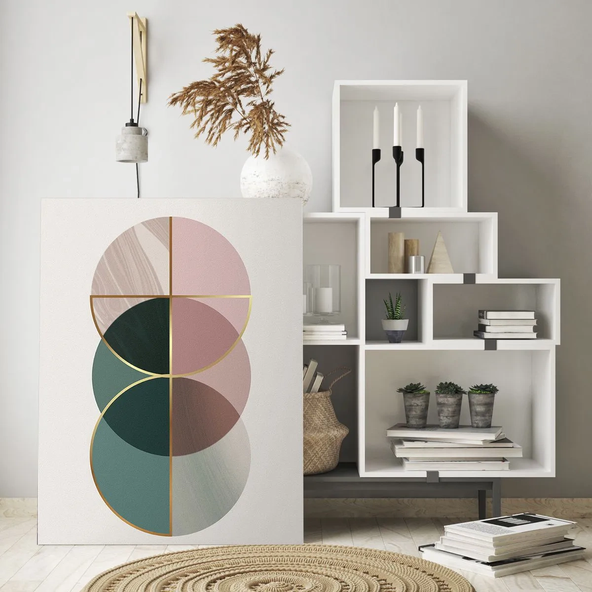 Quadro su vetro - Forme geometriche con sfumature di verde e rosa su uno sfondo chiaro - 50x70cm - Un cerchio dietro l'altro... - Decorazione murale moderna per soggiorno e camera da letto ARTTOR