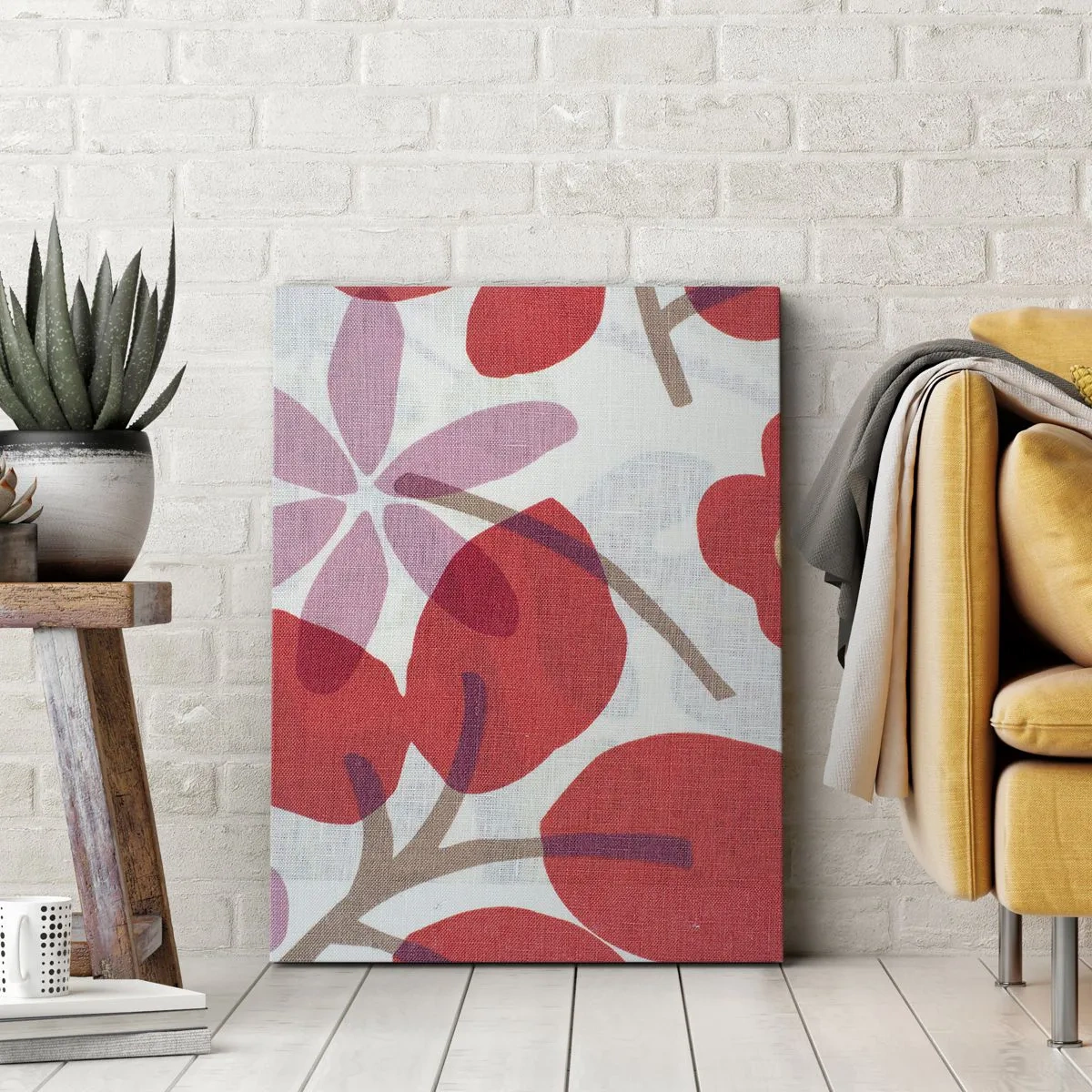Quadro su tela - Stampe su Tela - Fiori e foglie nelle tonalità del rosso e del rosa - 80x120cm - Composizione di fiori in rosa - Decorazione murale moderna per soggiorno e camera da letto ARTTOR