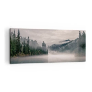 Quadro su tela - Stampe su Tela - Una foresta nebbiosa riflessa in un lago calmo - 120x50cm - Riflettendo nella nebbia - Decorazione murale moderna per soggiorno e camera da letto ARTTOR