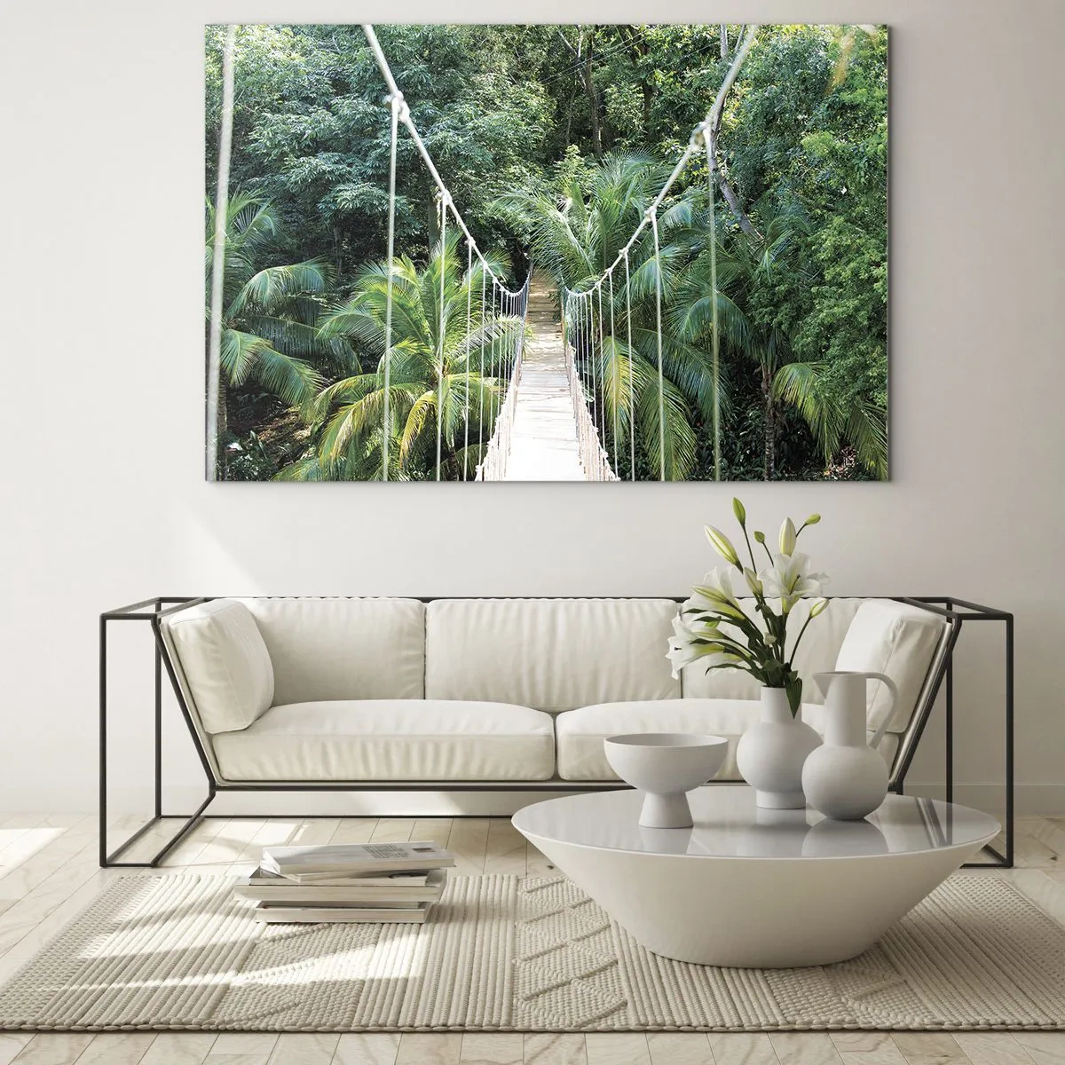 Quadro su vetro - Ponte sospeso in una foresta tropicale - 120x80cm - Welcome to the jungle! - Decorazione murale moderna per soggiorno e camera da letto ARTTOR