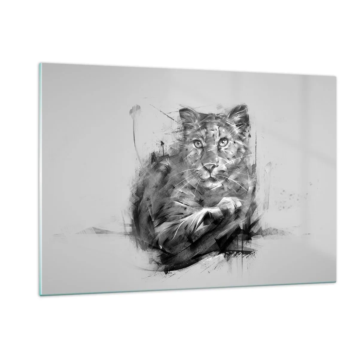 Quadro su vetro - Un disegno di una tigre in stile monocromatico su uno sfondo chiaro - 120x80cm - Si, ascolto attentamente - Decorazione murale moderna per soggiorno e camera da letto ARTTOR