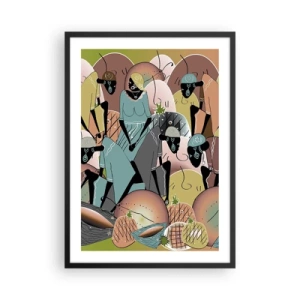 Poster in cornice nera - Una composizione stilizzata di figure africane con frutta dai colori pastello. - 50x70cm - Arriva la grande festa - Decorazione murale moderna per soggiorno e camera da letto ARTTOR