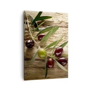 Quadro su tela - Stampe su Tela - Ramo d'ulivo con frutta su uno sfondo di legno invecchiato - 50x70cm - Direttamente dalla natura - Decorazione murale moderna per soggiorno e camera da letto ARTTOR