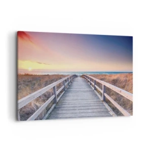 Quadro su tela - Stampe su Tela - Un molo di legno che conduce alla spiaggia al tramonto, con il cielo dipinto di colori pastello. - 120x80cm - Aurora serale baltica - Decorazione murale moderna per soggiorno e camera da letto ARTTOR