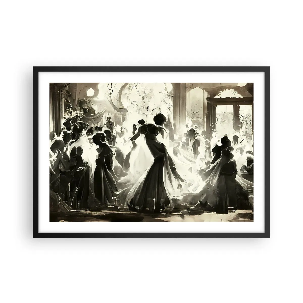 Poster in cornice nera - Palla in stile retrò in bianco e nero - 70x50cm - Il gran ballo in maschera - Decorazione murale moderna per soggiorno e camera da letto ARTTOR