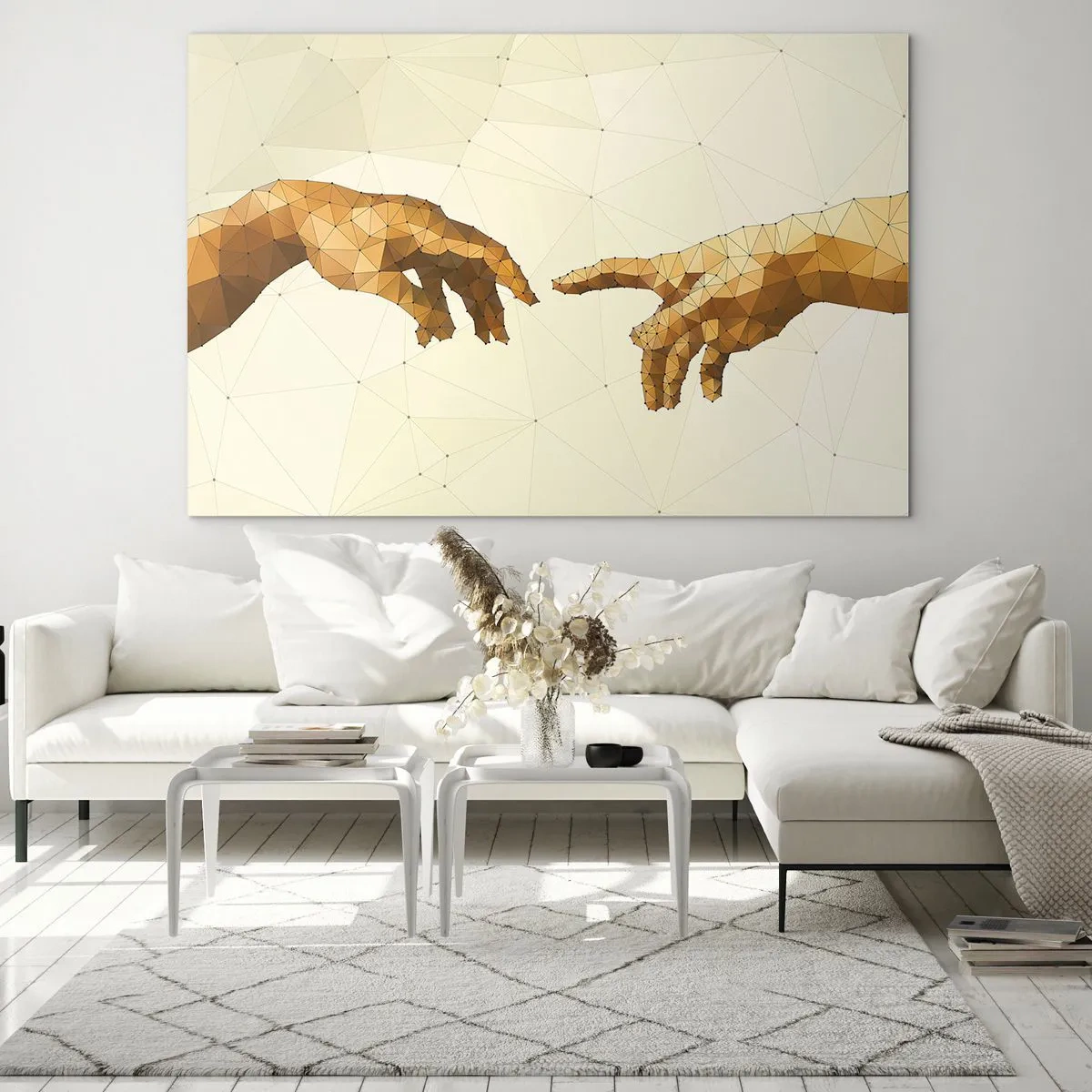 Quadro su vetro - Una versione stilizzata del dipinto "La creazione di Adamo" in tecnica poligonale - 100x70cm - Geometria divina - Decorazione murale moderna per soggiorno e camera da letto ARTTOR
