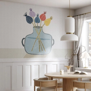Fotomurali Premium Sand - Papaveri colorati in un vaso blu su uno sfondo chiaro - 100x70cm - Il silenzio dei papaveri - Decorazione murale moderna per soggiorno e camera da letto ARTTOR