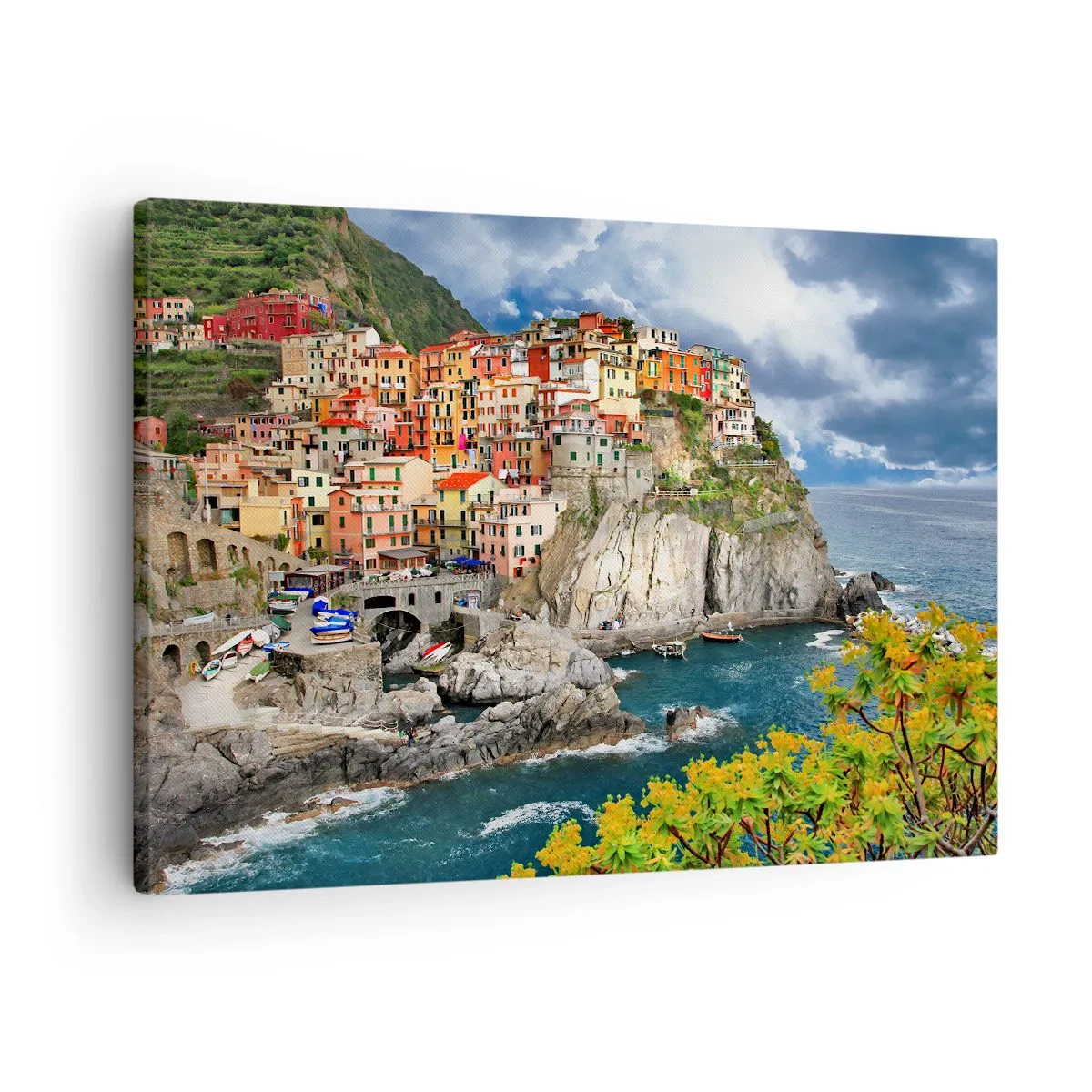 Quadro su tela - Stampe su Tela - Case colorate su una scogliera a picco sul mare nelle Cinque Terre - 70x50cm - Aggrappate alla roccia - Decorazione murale moderna per soggiorno e camera da letto ARTTOR