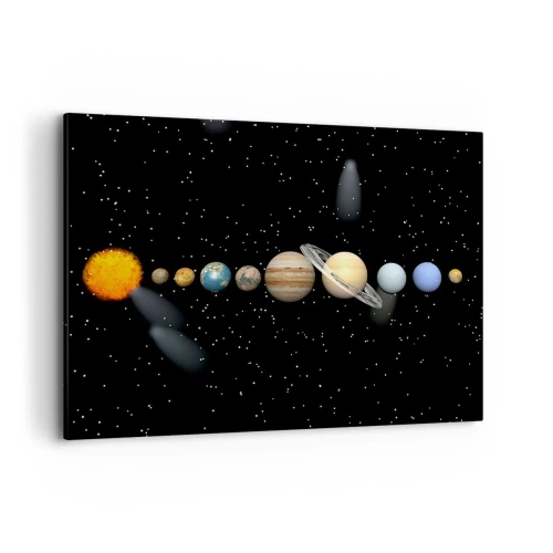 Quadro su tela - Stampe su Tela - Il sistema solare con i pianeti sullo sfondo delle stelle nello spazio - 120x80cm - E i pianeti folleggiano... - Decorazione murale moderna per soggiorno e camera da letto ARTTOR