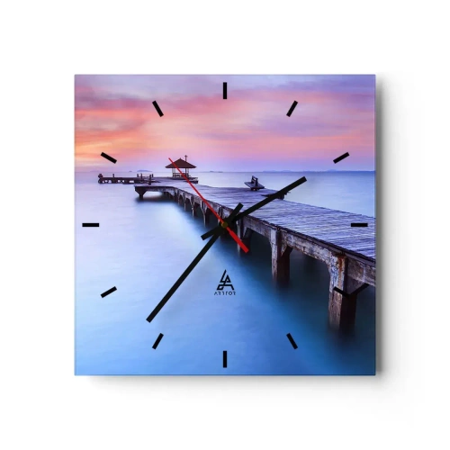 Orologio da parete - Orologio in Vetro - Molo di legno che conduce all'acqua durante il tramonto - 30x30cm - Un mare di pace fino all'orizzonte - Decorazione murale moderna per soggiorno e camera da letto ARTTOR