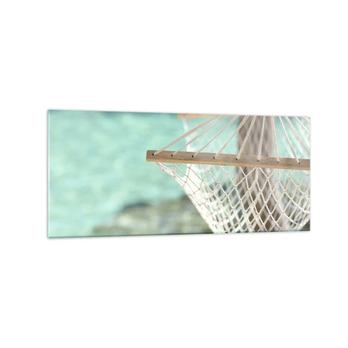 Quadro su vetro - Un'amaca con vista sull'acqua turchese - 120x50cm - Tempo di relax - Decorazione murale moderna per soggiorno e camera da letto ARTTOR