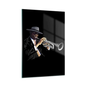Quadro su vetro - Un musicista nero con una tromba e un cappello su uno sfondo nero - 50x70cm - Il fascino della Old School - Decorazione murale moderna per soggiorno e camera da letto ARTTOR
