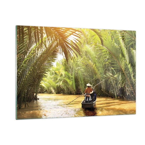 Quadro su vetro - Una barca con un uomo che la rema naviga attraverso una gola circondata da palme - 120x80cm - Tunnel di palme - Decorazione murale moderna per soggiorno e camera da letto ARTTOR