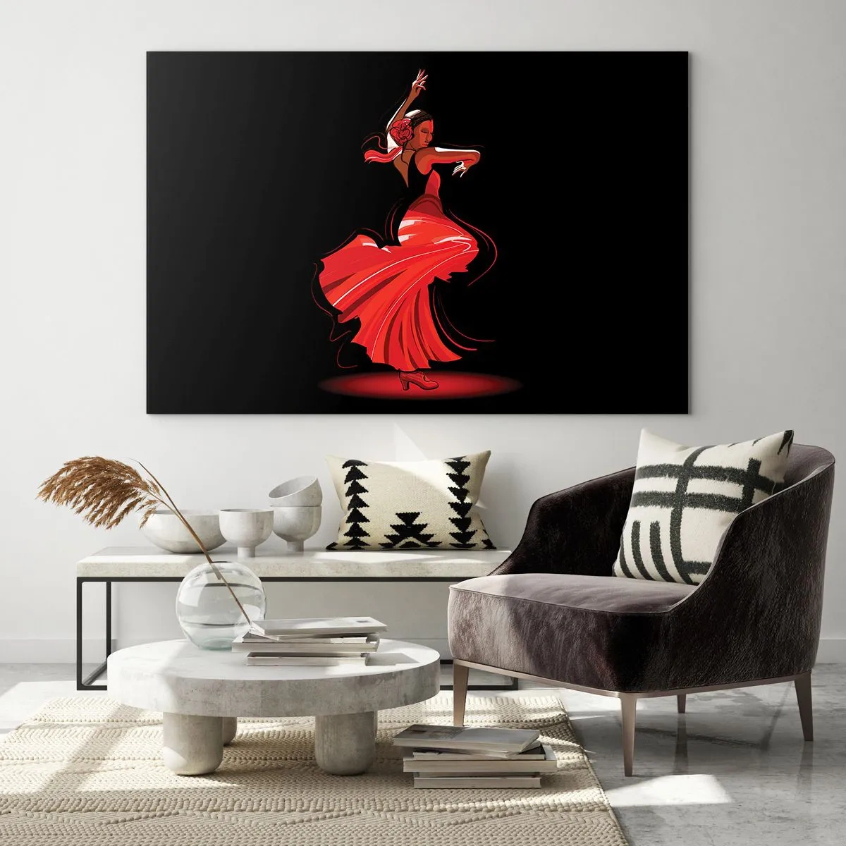 Quadro su vetro - Ballerina di flamenco in abito rosso su sfondo nero - 120x80cm - Lo spirito focoso del flamenco - Decorazione murale moderna per soggiorno e camera da letto ARTTOR