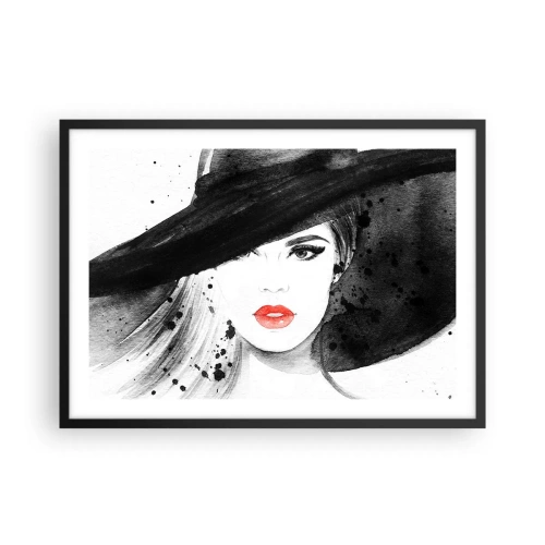 Poster in cornice nera - Ritratto di una donna con un cappello e labbra rosse - 70x50cm - Donna in nero - Decorazione murale moderna per soggiorno e camera da letto ARTTOR