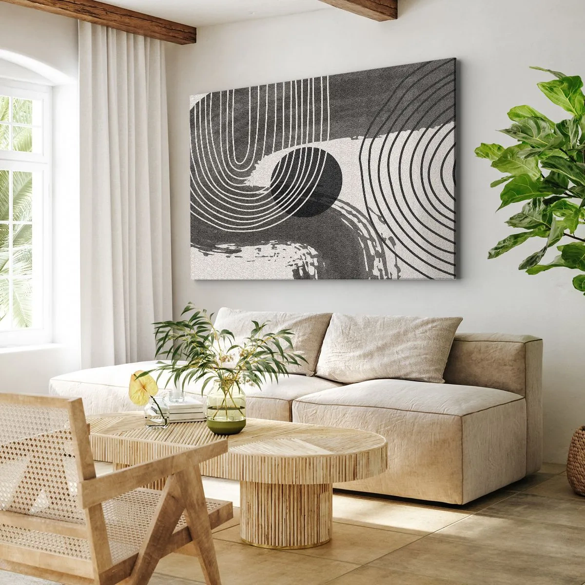 Quadro su tela - Stampe su Tela - Linee geometriche e ovali in tonalità monocromatiche - 120x80cm - L'ovale vittorioso - Decorazione murale moderna per soggiorno e camera da letto ARTTOR