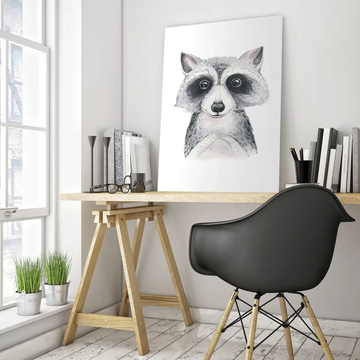 Quadro su vetro - Ritratto di un cane procione in bianco e nero - 50x70cm - Un attimo di commozione - Decorazione murale moderna per soggiorno e camera da letto ARTTOR