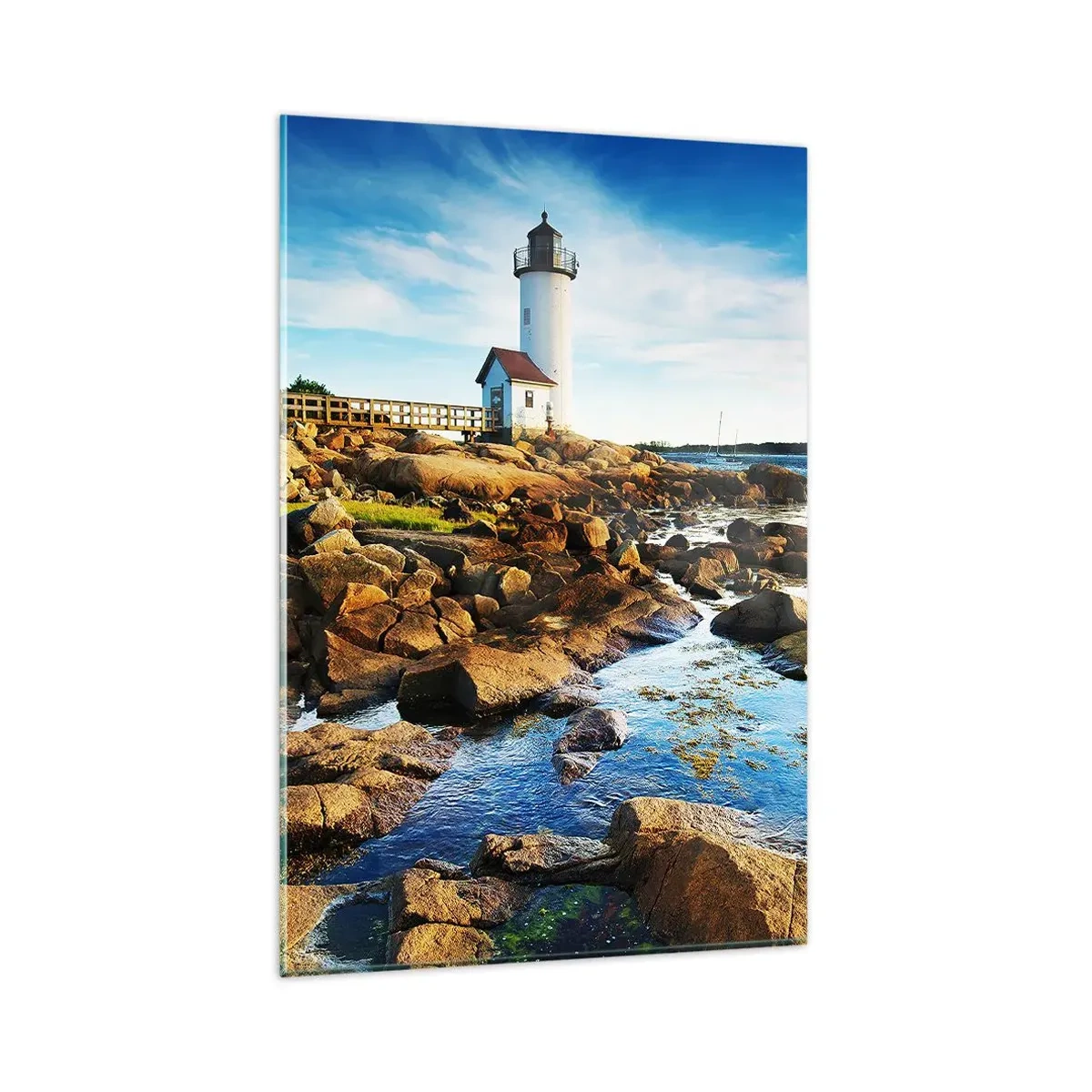 Quadro su vetro - Un faro su una costa rocciosa in una giornata di sole - 80x120cm - Tornate sani e salvi, vi aspetto - Decorazione murale moderna per soggiorno e camera da letto ARTTOR
