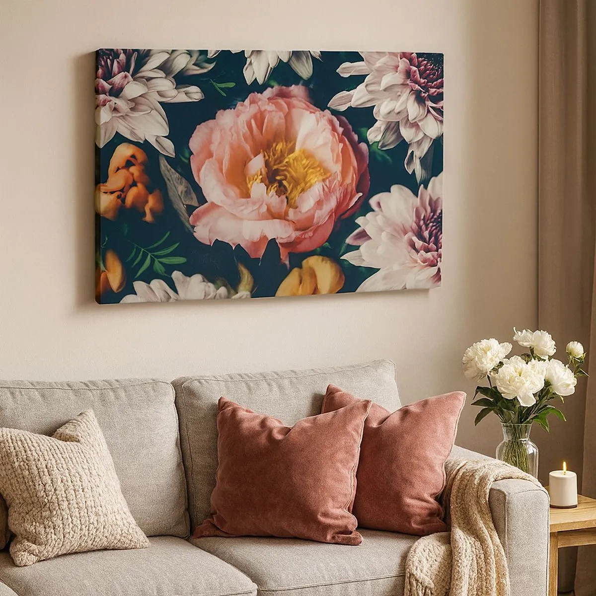 Quadro su tela - Stampe su Tela - Composizione floreale con peonia e crisantemi su sfondo scuro - 70x50cm - Con fasto barocco - Decorazione murale moderna per soggiorno e camera da letto ARTTOR
