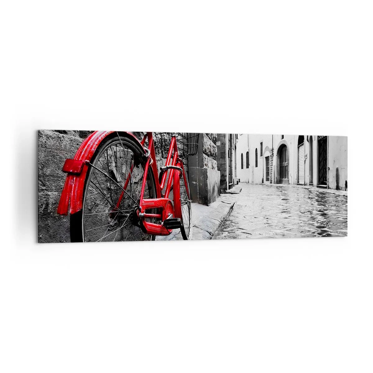 Quadro su tela - Stampe su Tela - Bicicletta rossa in una strada bianca e nera - 160x50cm - La vera bellezza non invecchia - Decorazione murale moderna per soggiorno e camera da letto ARTTOR