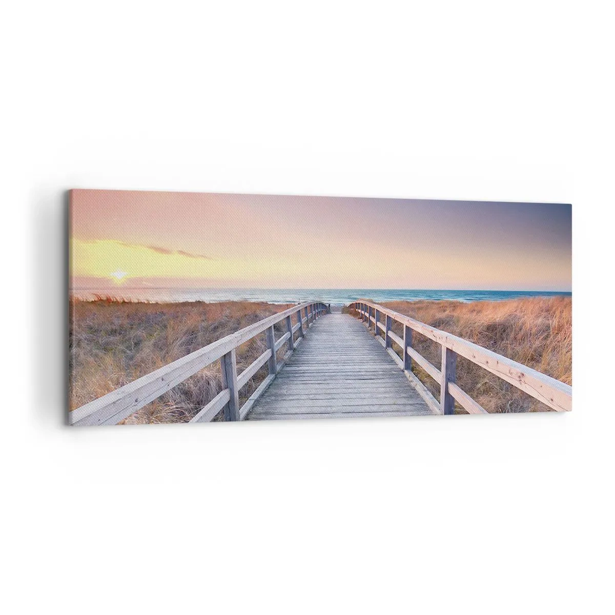 Quadro su tela - Stampe su Tela - Un molo di legno che conduce alla spiaggia al tramonto, con il cielo dipinto di colori pastello. - 120x50cm - Aurora serale baltica - Decorazione murale moderna per soggiorno e camera da letto ARTTOR