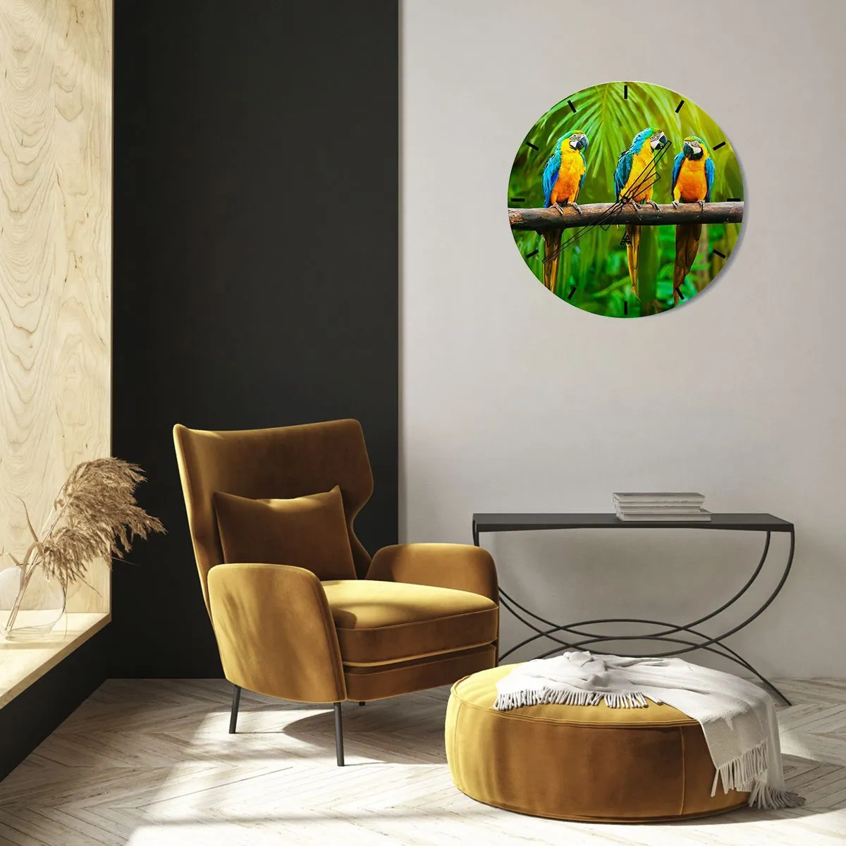 Orologio da parete - Orologio in Vetro - Tre pappagalli ara su un ramo in un ambiente tropicale - 30x30cm - Hai sentito che ha fatto? - Decorazione murale moderna per soggiorno, cucina e camera da letto ARTTOR