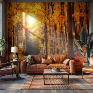 Fotomurale su misura Adesiva Deluxe Sticker - Autunno dorato nella via nel bosco - Autunno, foresta, Paesaggio