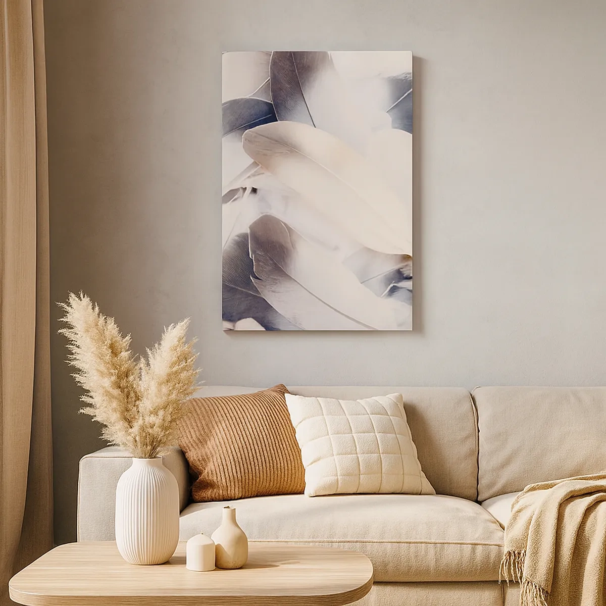 Quadro su tela - Stampe su Tela - Primo piano di piume delicate nelle tonalità del bianco e del grigio - 50x70cm - Quasi angeliche - Decorazione murale moderna per soggiorno e camera da letto ARTTOR