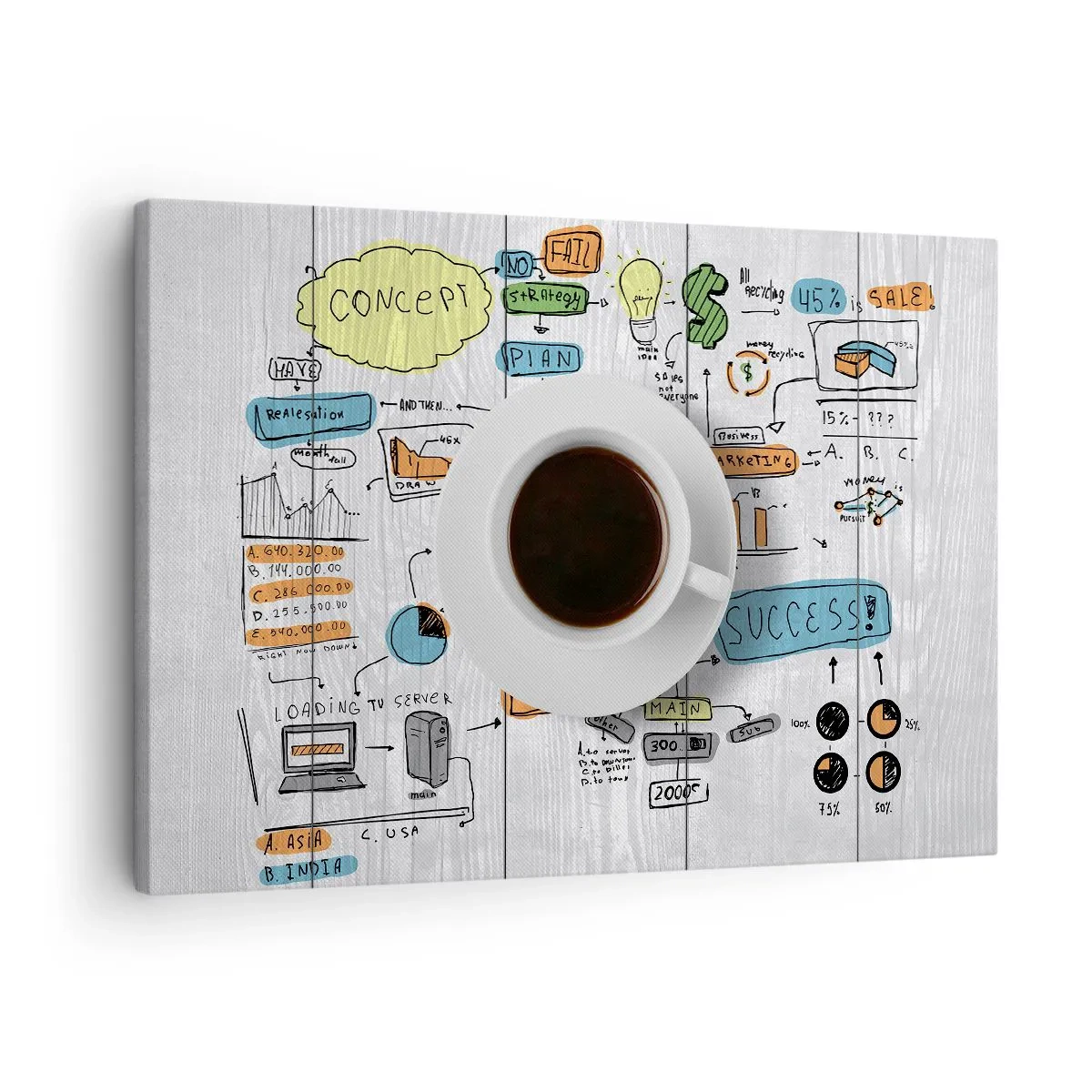 Quadro su tela - Stampe su Tela - Una tazza di caffè sullo sfondo di un disegno concettuale - 70x50cm - Un momento di pausa - Decorazione murale moderna per soggiorno e camera da letto ARTTOR