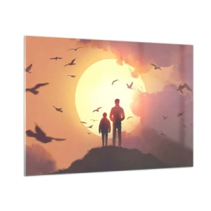 Quadro su vetro - Figure di un padre e di un figlio in piedi sullo sfondo del sole al tramonto e di uccelli in volo - 100x70cm - Faccia a faccia con il sole - Decorazione murale moderna per soggiorno e camera da letto ARTTOR
