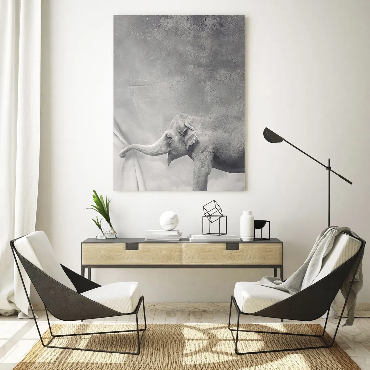 Quadro su vetro - Un elefante in un ambiente surreale con una tenda - 50x70cm - Svelare il mistero - Decorazione murale moderna per soggiorno e camera da letto ARTTOR