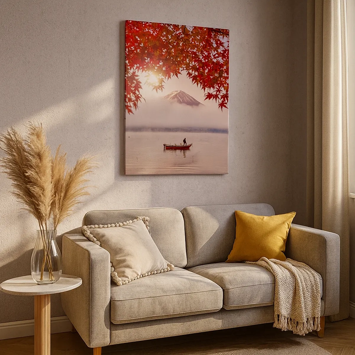 Quadro su tela - Stampe su Tela - Una barca su un lago circondata da foglie di acero rosso - 50x70cm - Nell'atmosfera del Giappone - Decorazione murale moderna per soggiorno e camera da letto ARTTOR