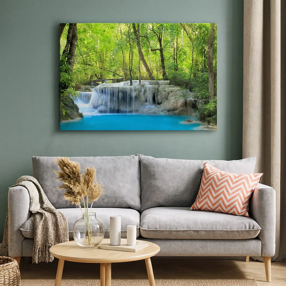 Quadro su tela - Stampe su Tela - Una cascata tra alberi verdi con acqua blu in un ambiente naturale - 70x50cm - Annegare nel turchese e nel verde - Decorazione murale moderna per soggiorno e camera da letto ARTTOR