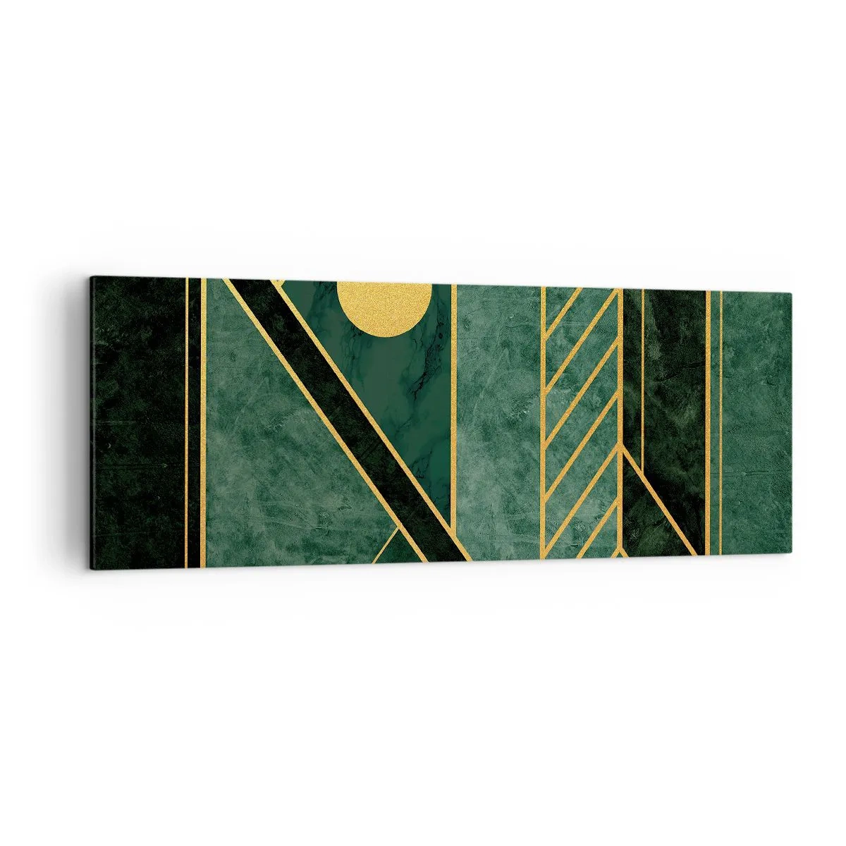 Quadro su tela - Stampe su Tela - Design geometrico verde e oro con un motivo elegante - 140x50cm - Dinamica di oro e azzurro - Decorazione murale moderna per soggiorno e camera da letto ARTTOR