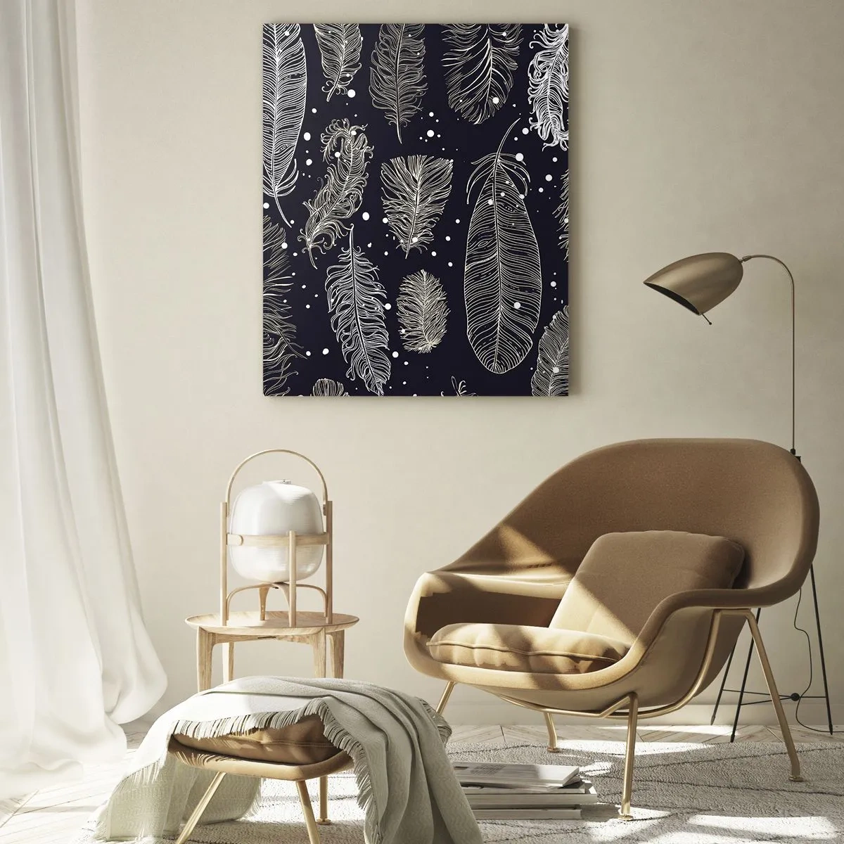 Quadro su vetro - Delicate piume bianche su sfondo blu navy - 70x100cm - Pizzo piumato - Decorazione murale moderna per soggiorno e camera da letto ARTTOR