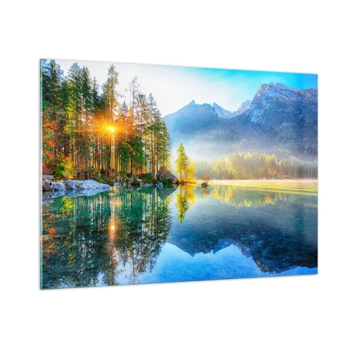 Quadro su vetro - Paesaggio montano con lago e sole mattutino - 100x70cm - Maestà e dolcezza - Decorazione murale moderna per soggiorno e camera da letto ARTTOR