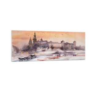 Quadro su vetro - Tramonto sul castello in uno scenario invernale - 140x50cm - Tramonto reale - Decorazione murale moderna per soggiorno e camera da letto ARTTOR