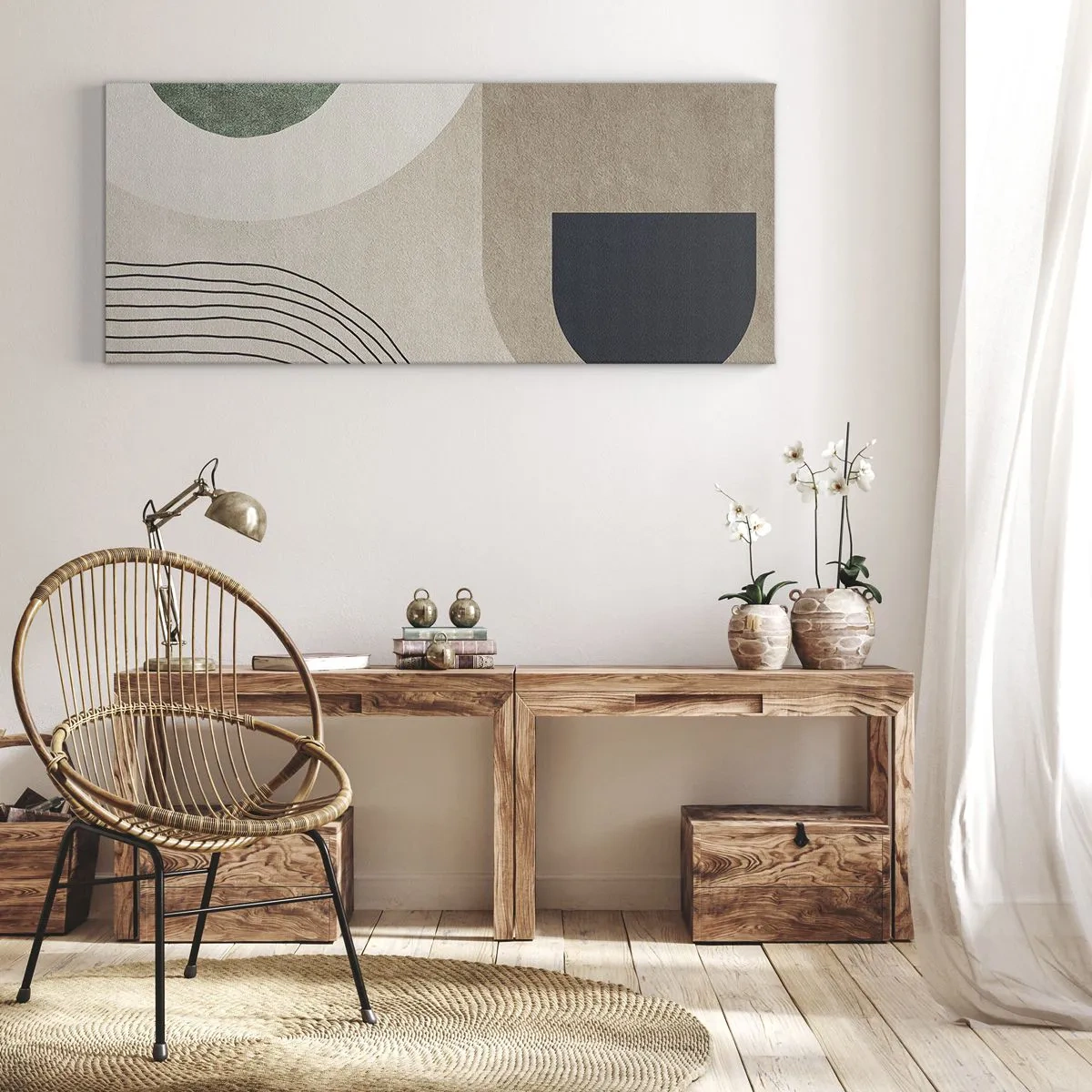 Quadro su tela - Stampe su Tela - Forme geometriche nei toni del beige e del verde - 160x50cm - La mitezza dell'ovale - Decorazione murale moderna per soggiorno e camera da letto ARTTOR