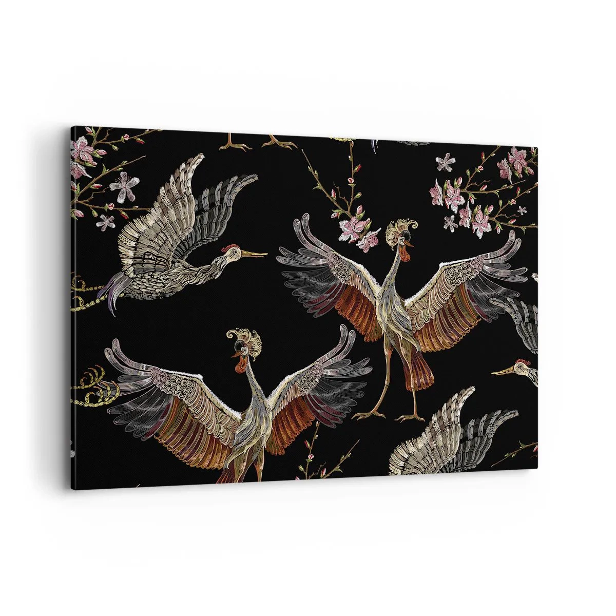 Quadro su tela - Stampe su Tela - Gru e fiori eleganti su sfondo nero - 100x70cm - Uccello fantastico - Decorazione murale moderna per soggiorno e camera da letto ARTTOR