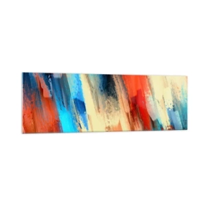 Quadro su vetro - Pennellata astratta nei toni del blu e dell'arancione - 160x50cm - Cascata di colori - Decorazione murale moderna per soggiorno e camera da letto ARTTOR