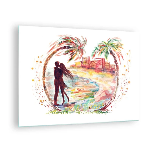 Quadro su vetro - Coppia romantica in un ambiente tropicale con palme - 70x50cm - Vacanze romantiche - Decorazione murale moderna per soggiorno e camera da letto ARTTOR