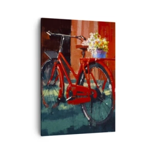 Quadro su tela - Stampe su Tela - Una bicicletta rossa con fiori contro un muro arancione - 50x70cm - I want to ride my bicycle - Decorazione murale moderna per soggiorno e camera da letto ARTTOR